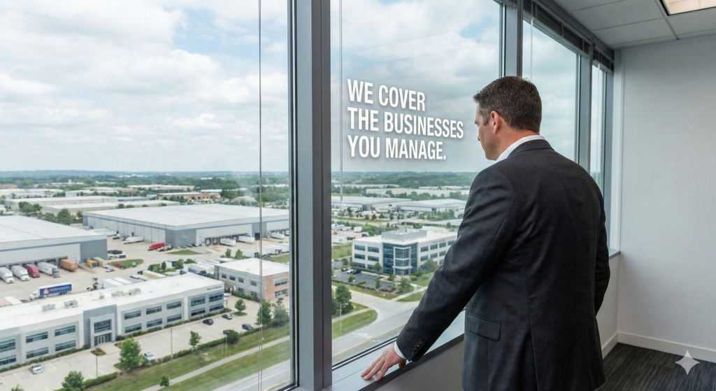 Businessman looking out office window at cityscape with text overlay about business coverage.