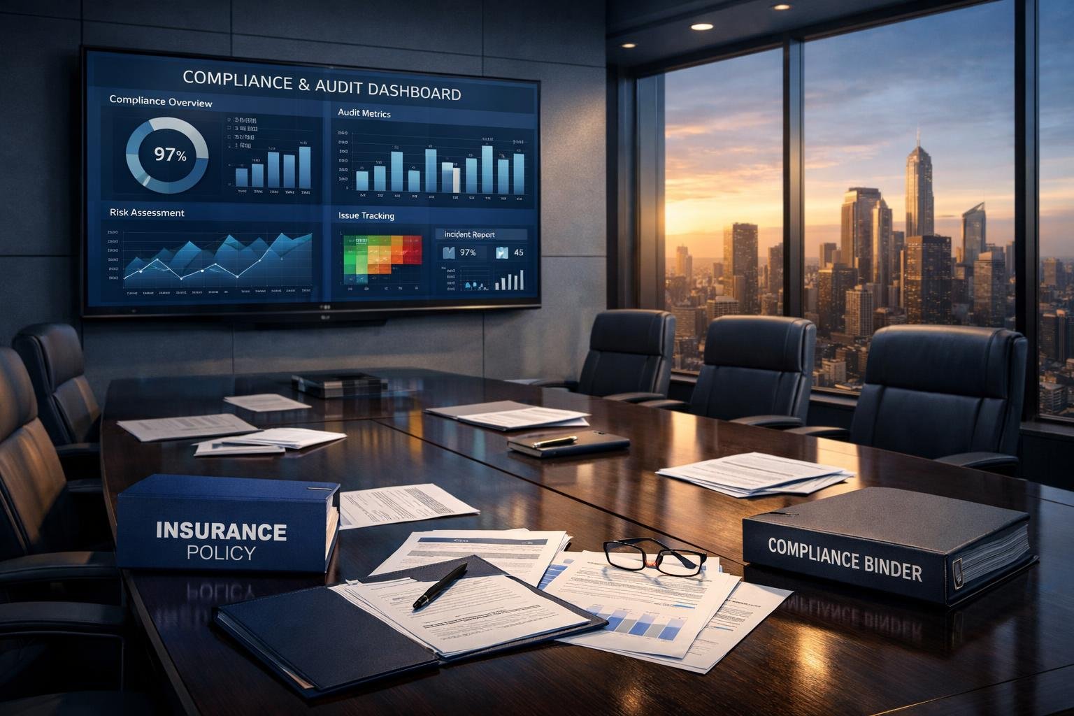 1099 consultant insurance compliance documents on a corporate boardroom table with city skyline background