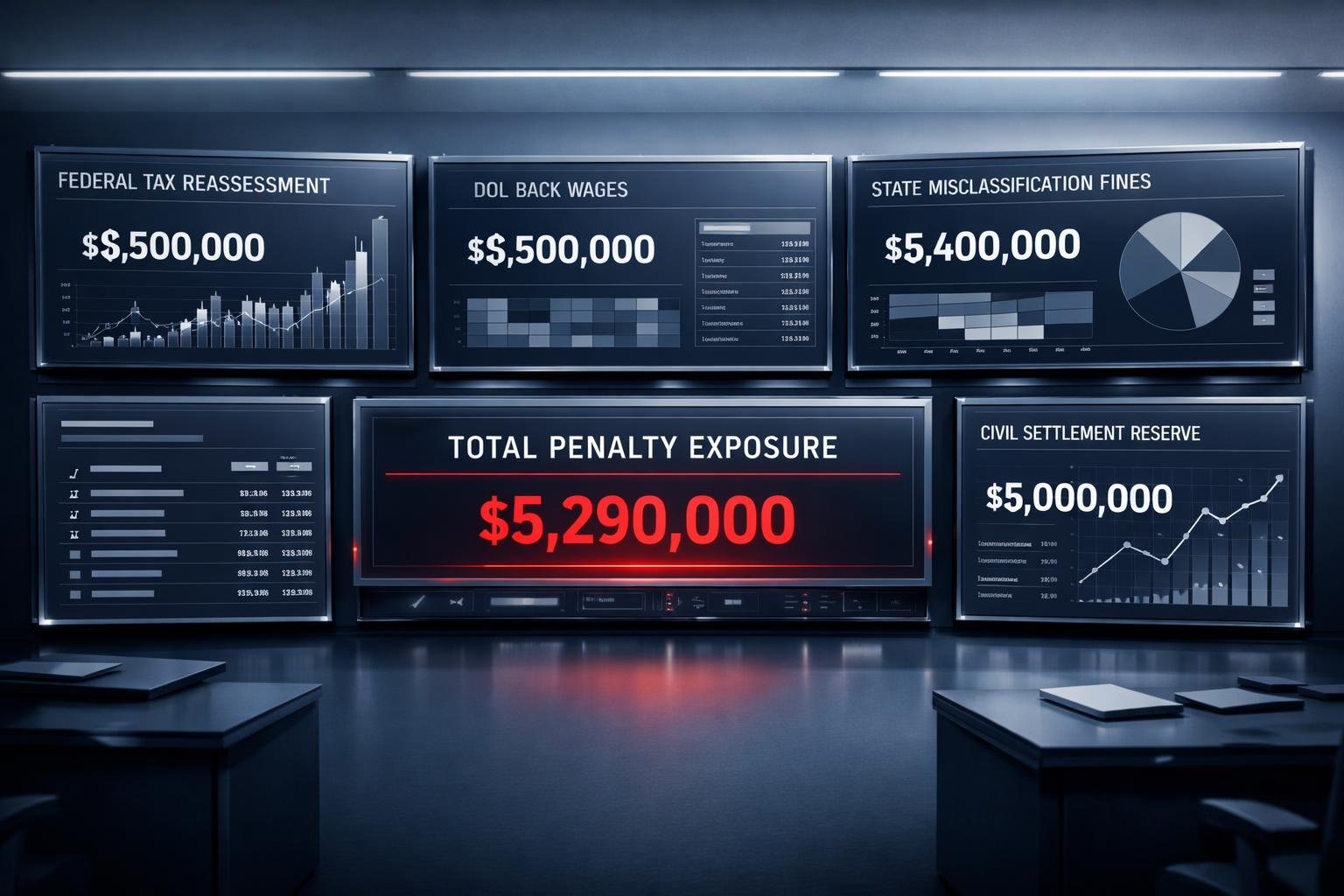 Corporate compliance dashboard showing 1099 misclassification cost stack: federal taxes, DOL penalties, state fines