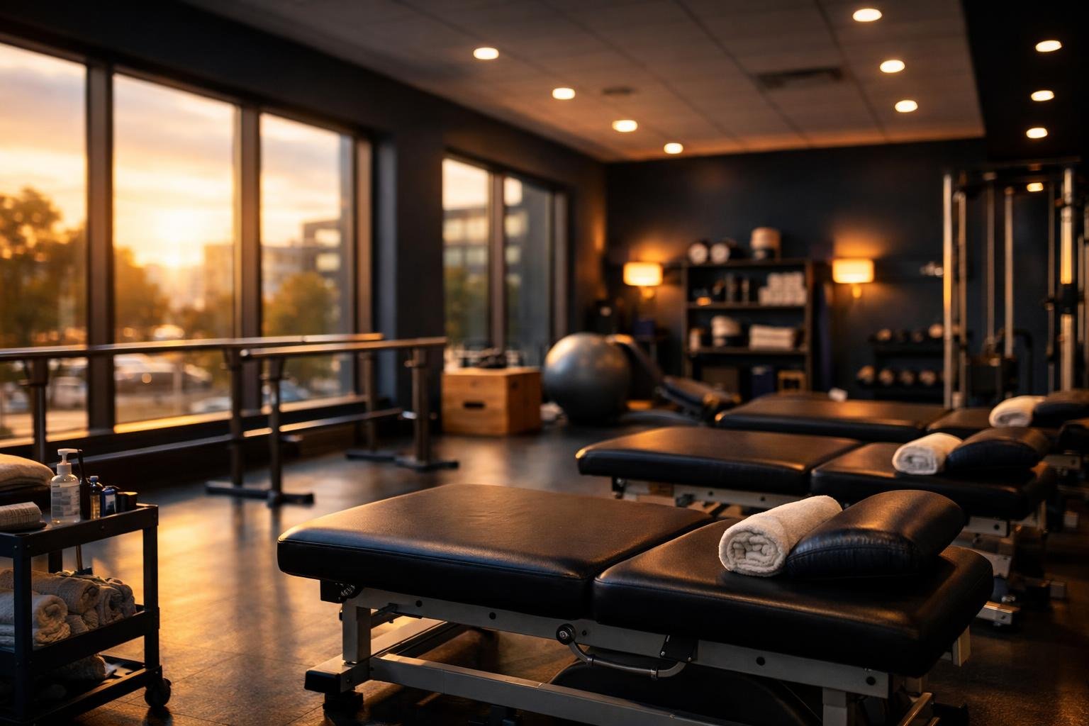 Modern outpatient 1099 physical therapist clinic interior with empty treatment tables