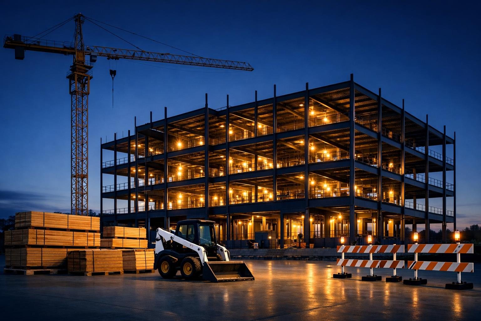 Commercial construction site at dusk illustrating 1099 subcontractor injury insurance exposure for general contractors