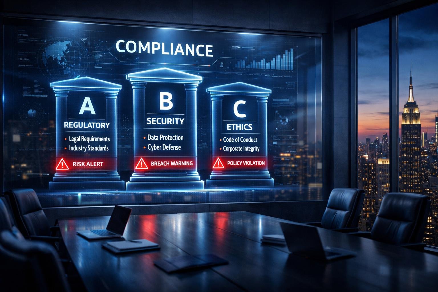 ABC test 1099 classification diagram showing three compliance prongs in corporate command center