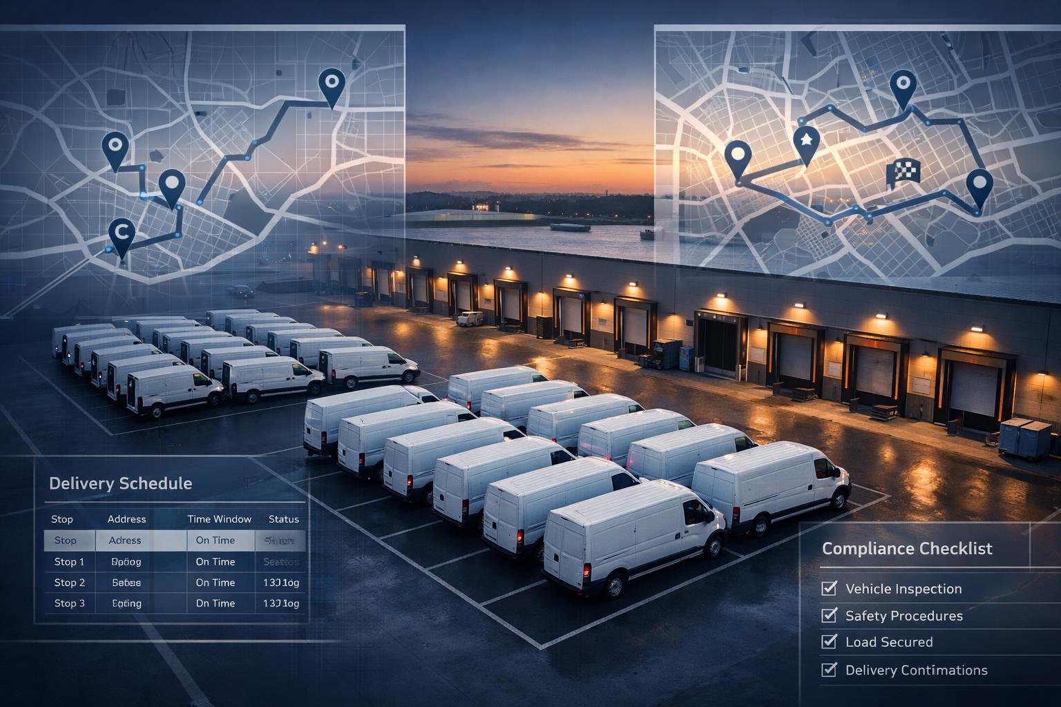 Aerial view of last mile delivery hub illustrating amazon dsp 1099 compliance occupational accident insurance risk for logistics operators