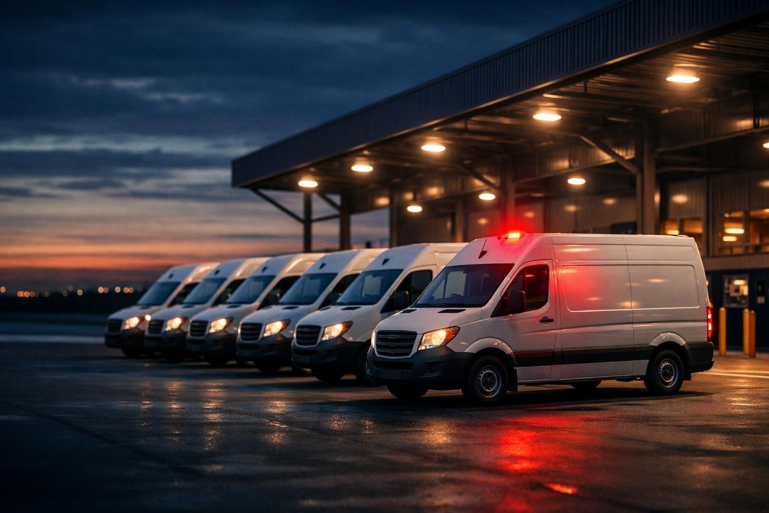 Amazon DSP contractor injury coverage overview at last mile delivery station with commercial vans
