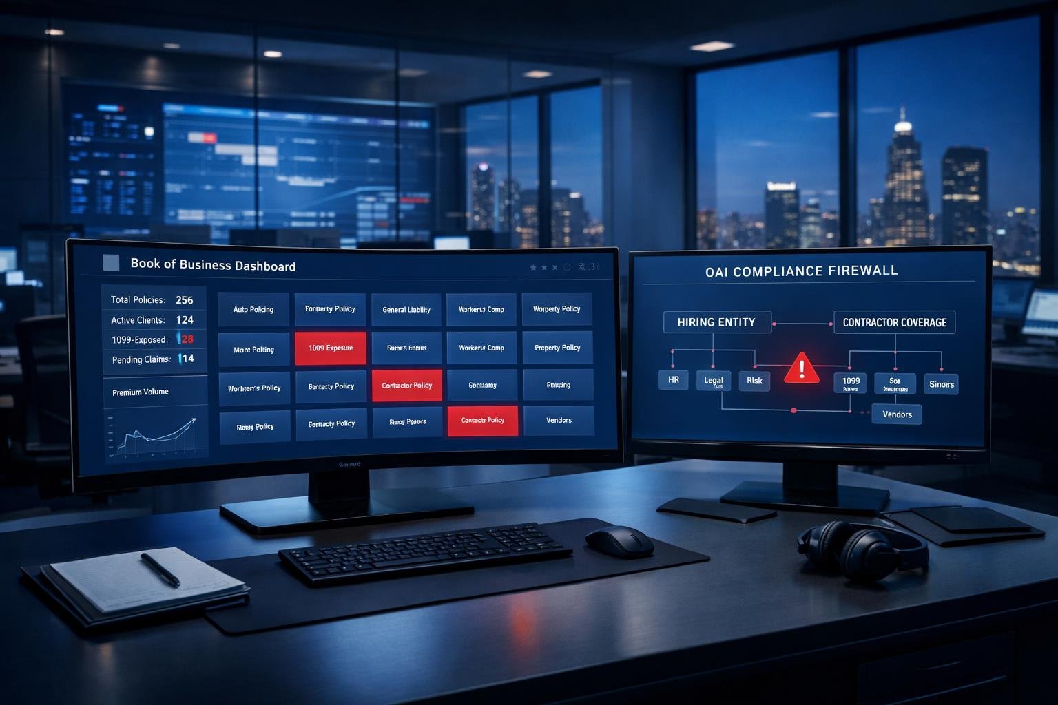 Insurance agent dashboard highlighting 1099-exposed commercial accounts to cross-sell occupational accident insurance