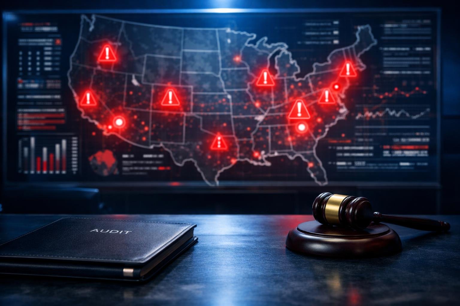 Corporate command center dashboard showing DOL audit triggers across a U.S. map with red warning indicators
