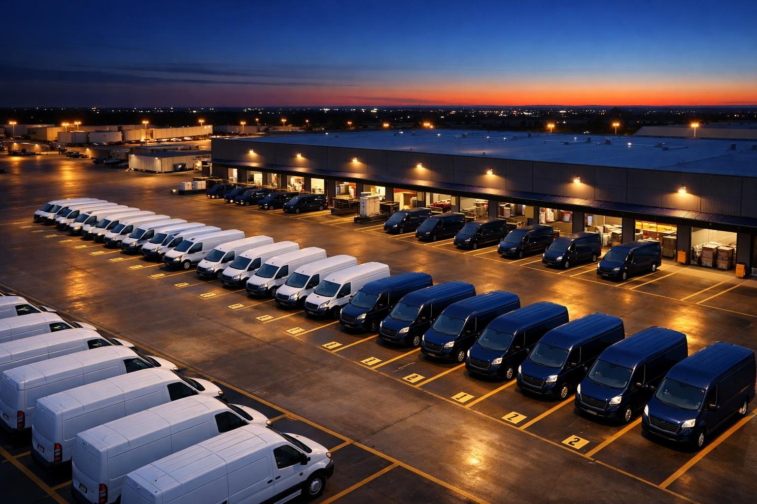 Last mile delivery peak season contractor risk — fleet of delivery vans staged at sorting facility at dusk