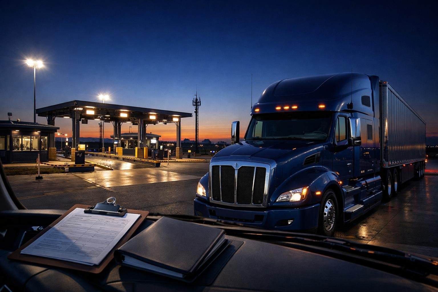 Modern semi-truck at a DOT weigh station illustrating owner operator FMCSA audit compliance and OAI coverage requirements