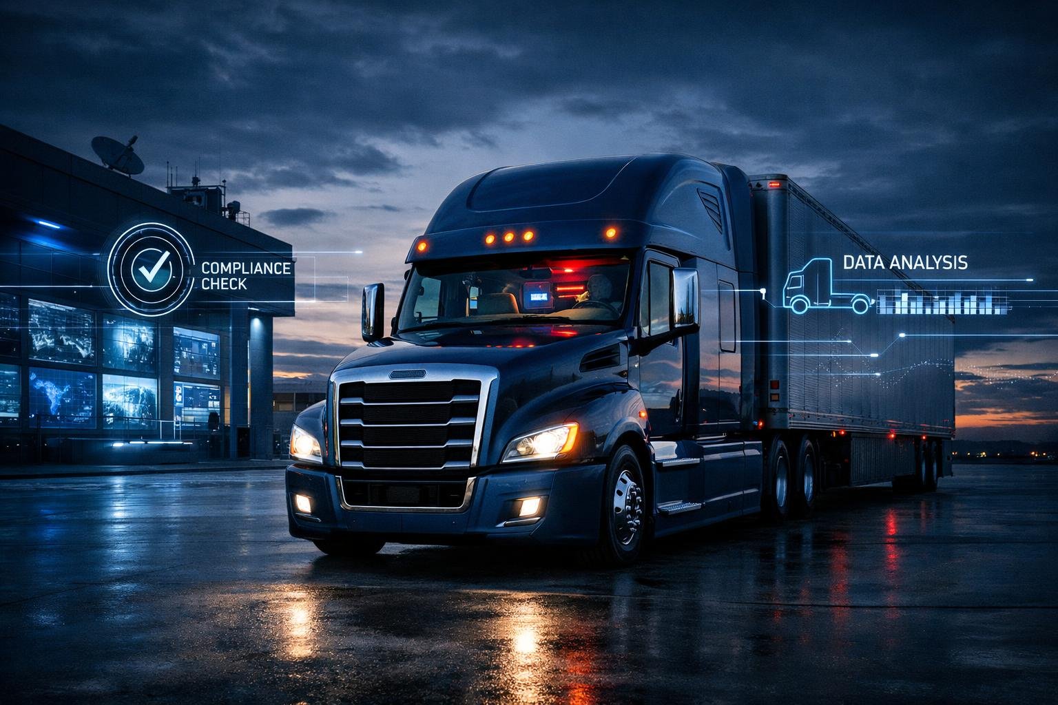 Modern American semi-truck at logistics command center illustrating owner operator insurance gap compliance risk