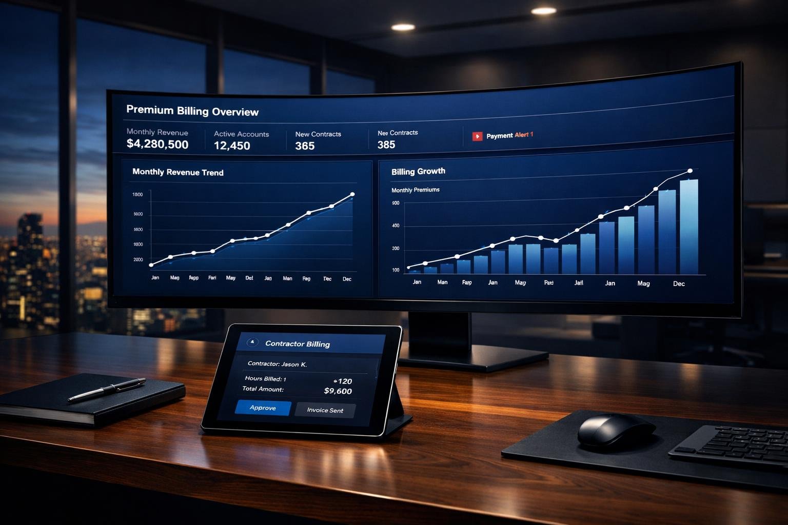 Corporate finance dashboard showing pay-as-you-go OAI billing in real-time monthly increments