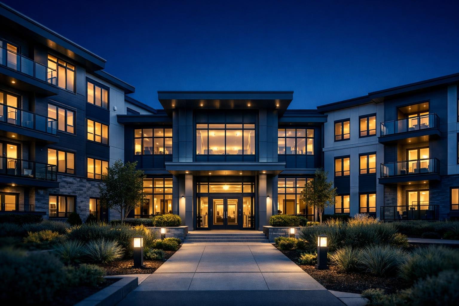 Modern multi-family property exterior at dusk illustrating property management 1099 contractor liability compliance.
