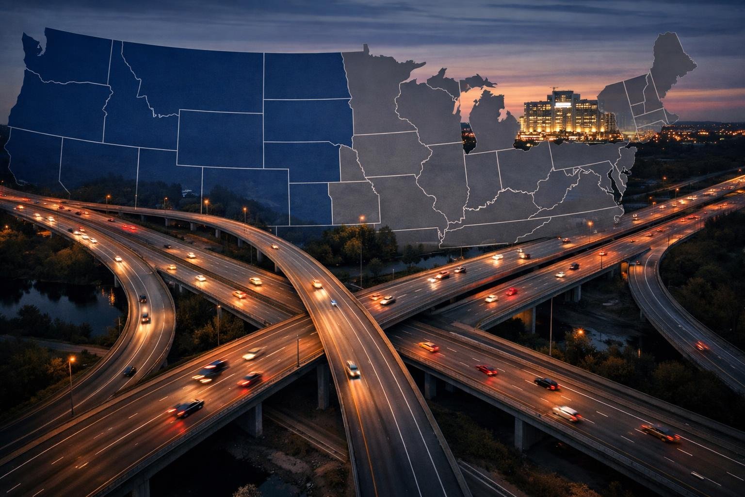 US highway interchange crossing three state borders representing traveling nurse multi-state compliance jurisdictional risk