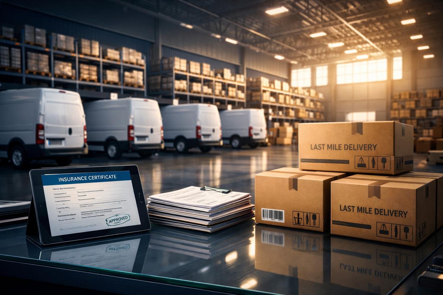 Last mile contractor OAI coverage documents beside big-box delivery boxes in a modern professional warehouse setting.