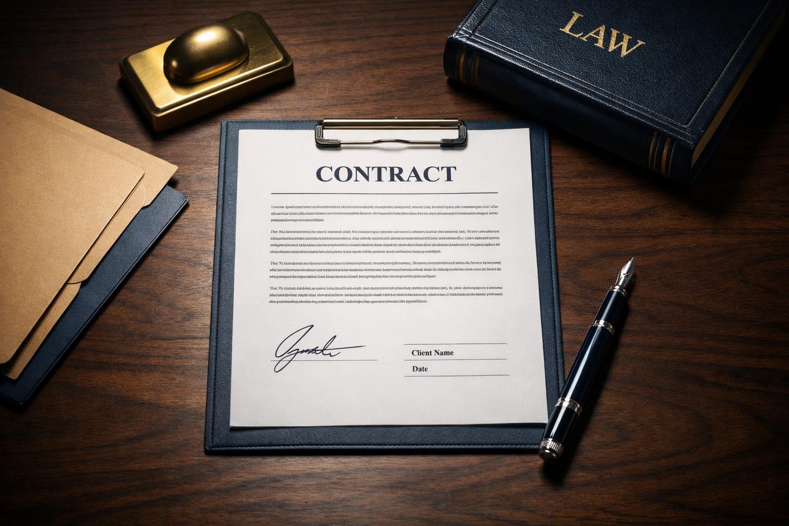 Signed 1099 independent contractor agreement on executive desk with pen — DOL audit compliance documentation
