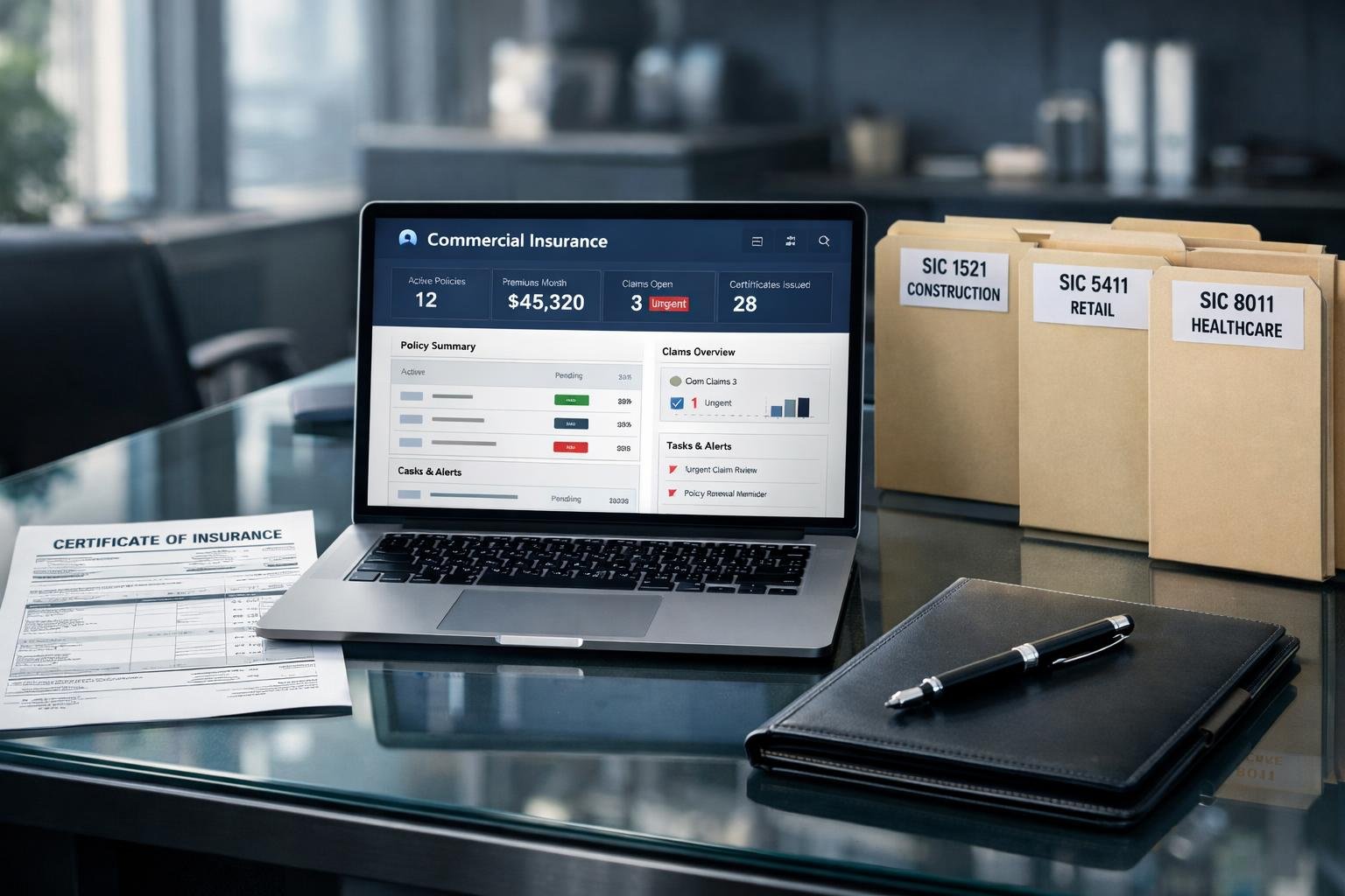 Commercial insurance producer's desk showing the 1099 OAI cross-sell workflow on a modern dashboard with account files.
