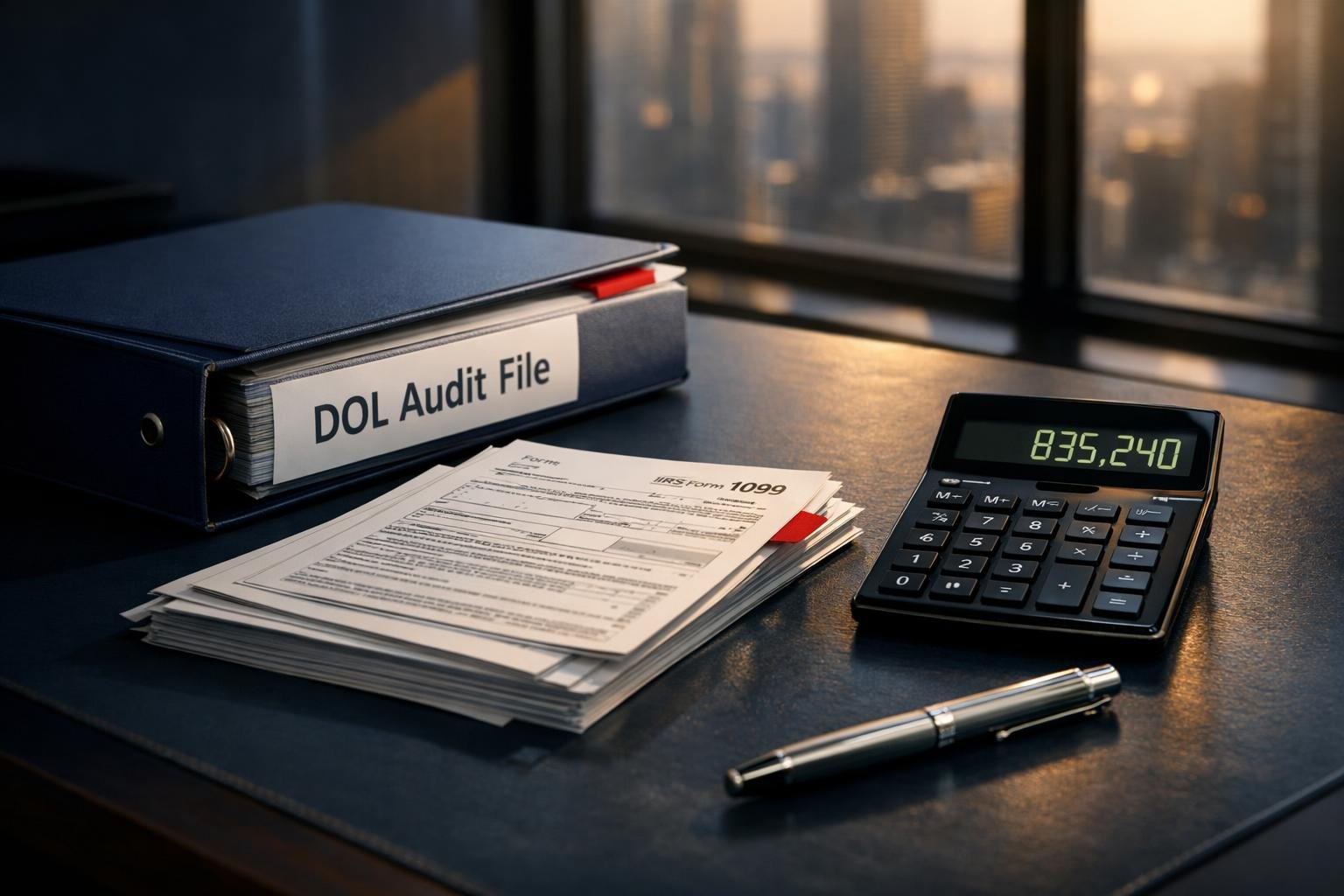 DOL audit cost breakdown documents, calculator, and compliance binder on executive desk