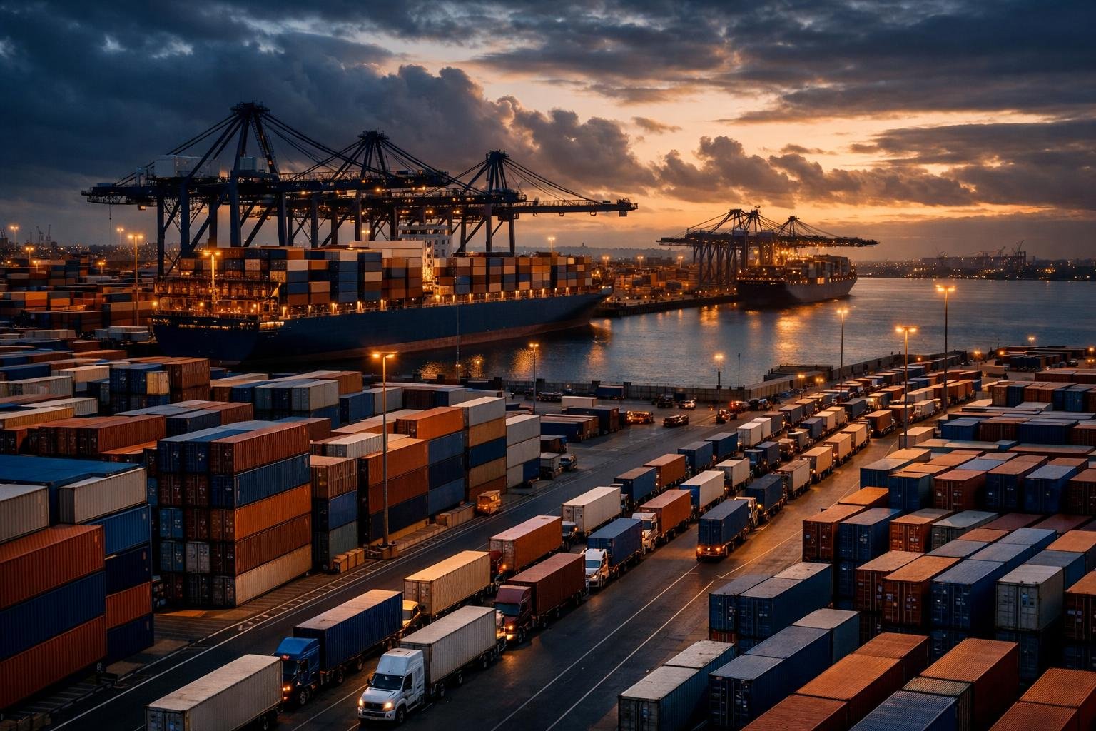 Port terminal with stacked containers and drayage trucks, illustrating drayage 1099 misclassification audit risk