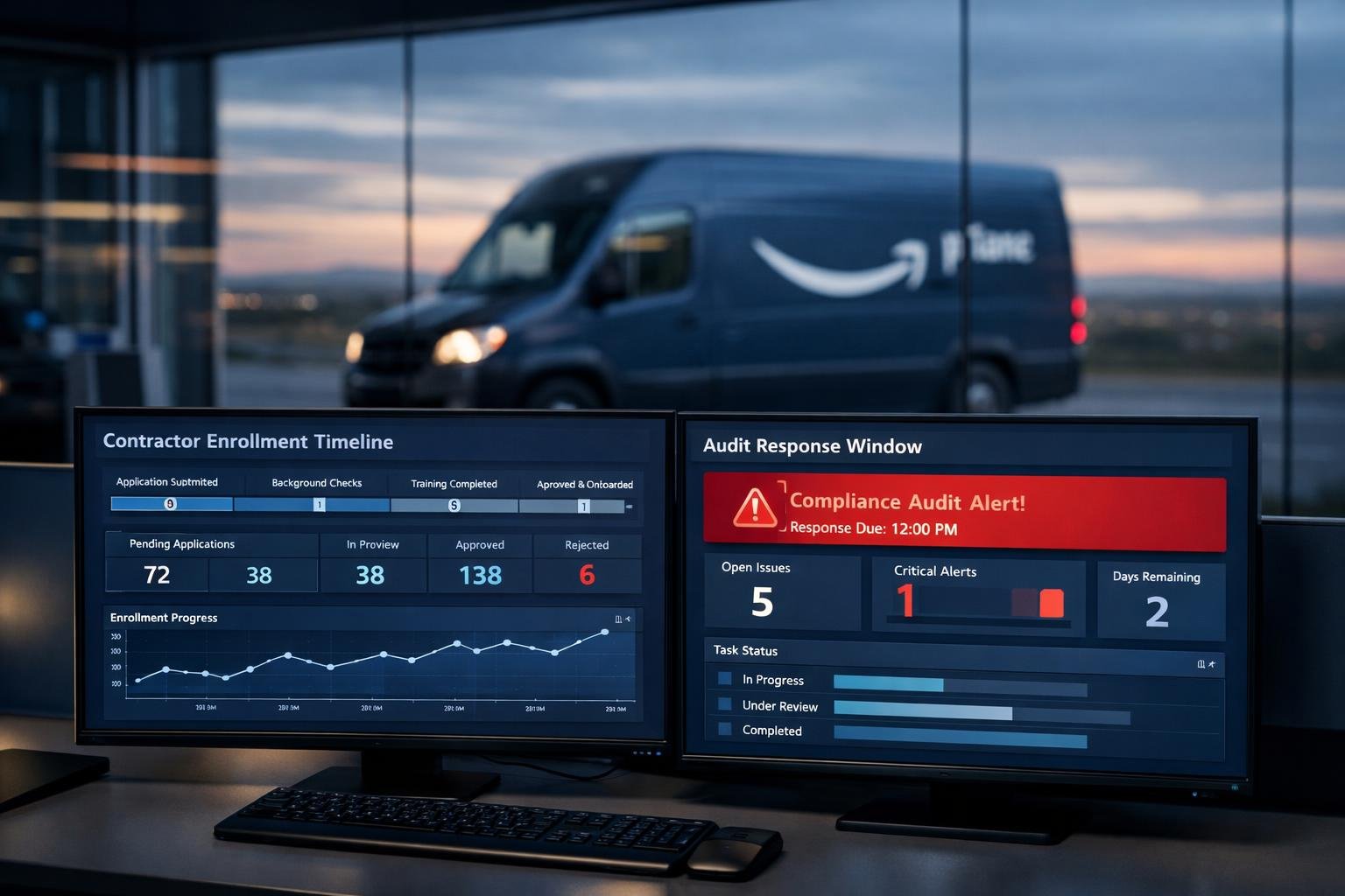 DSP audit defense command center dashboard with contractor enrollment timeline and branded delivery van visible.