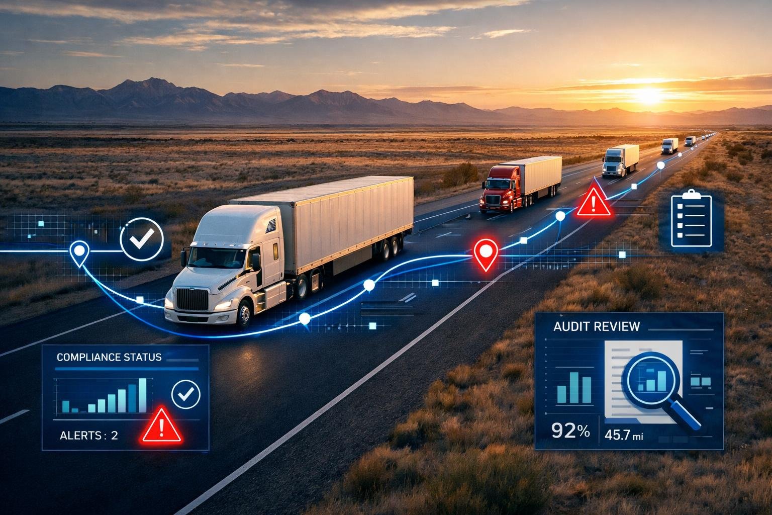 Freight broker 1099 compliance illustration: semi-truck on highway with DOL audit risk overlay in trust blue.