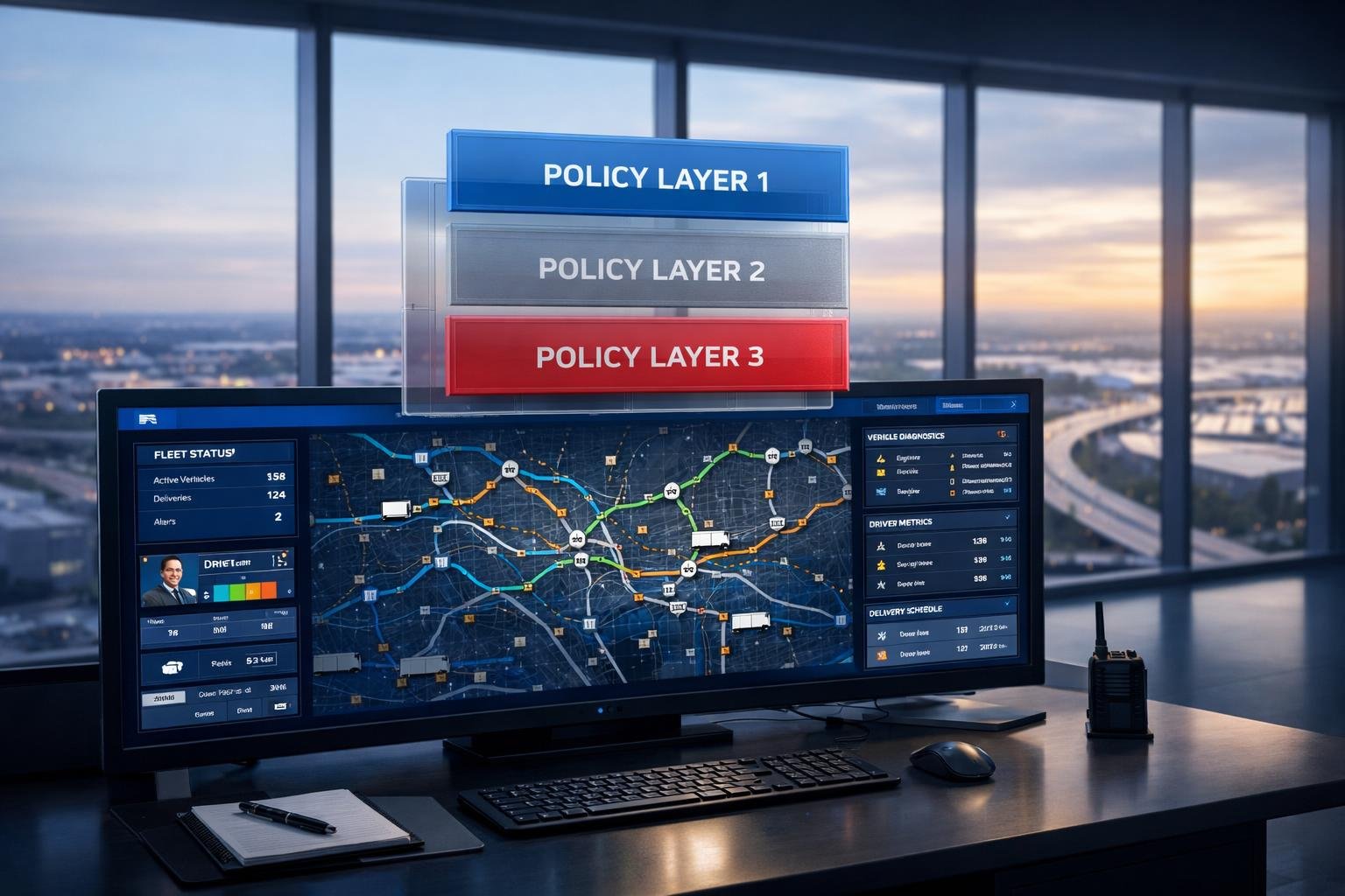 Logistics dispatch dashboard illustrating the gig driver insurance gap across commercial auto, GL, and OAI coverage layers.
