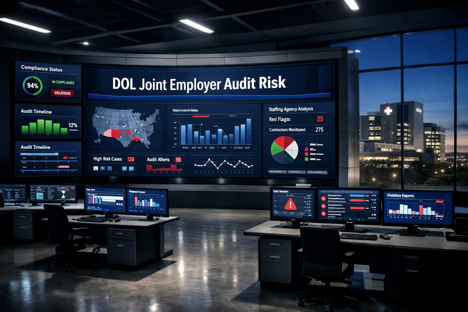 Healthcare staffing 1099 compliance audit dashboard showing joint employer risk indicators