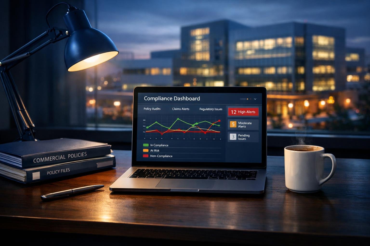 Healthcare staffing 1099 insurance — producer command-center desk with compliance dashboard at dusk