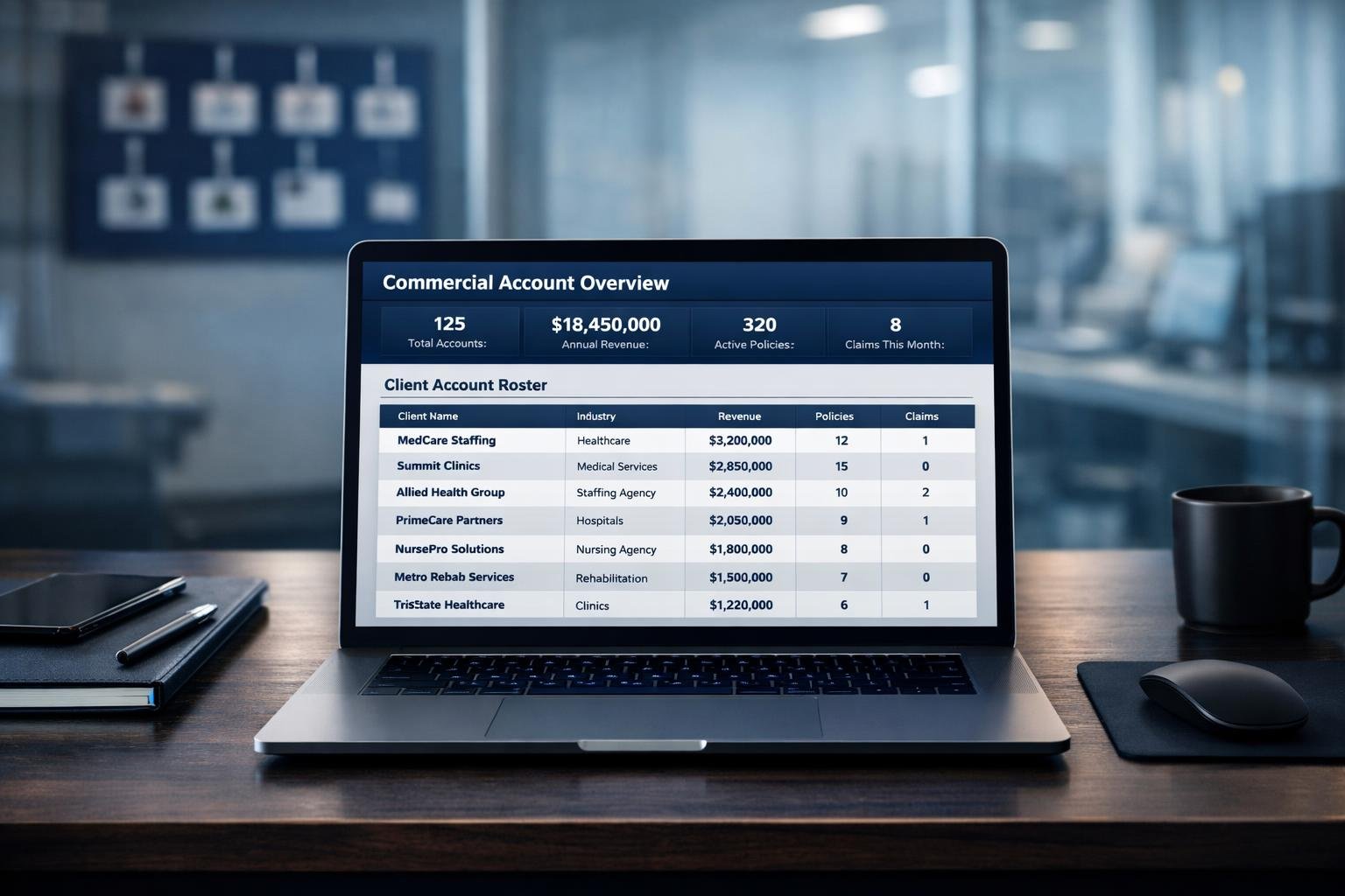 Commercial insurance dashboard showing healthcare staffing 1099 OAI cross-sell account expansion