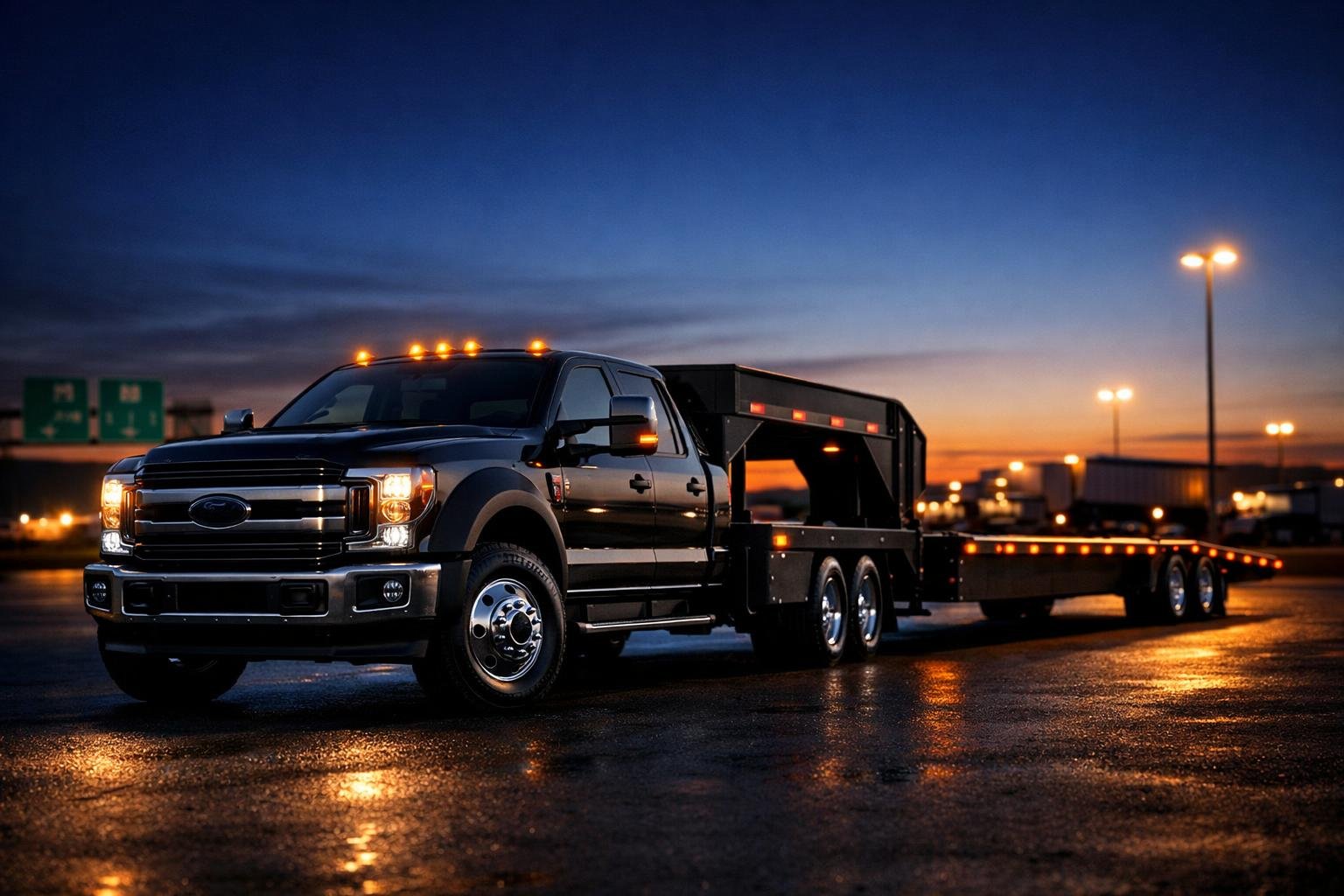 Medium-duty hot shot truck with gooseneck trailer at dusk illustrating hot shot trucker 1099 compliance audit risk