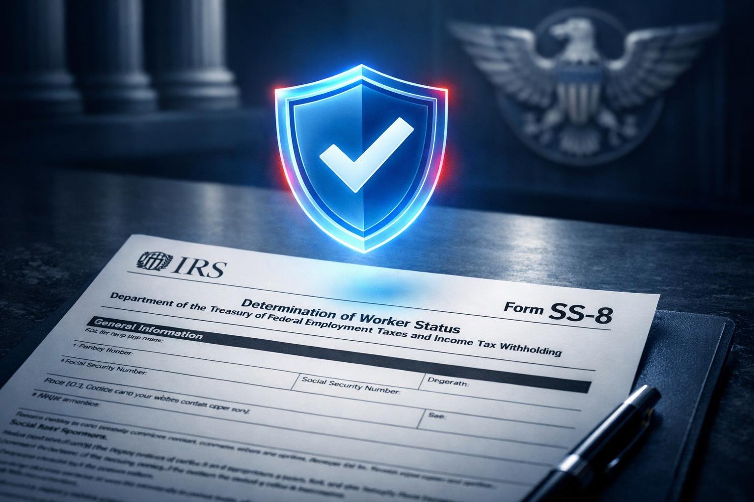 IRS Form SS-8 misclassification document on executive desk with compliance shield icon