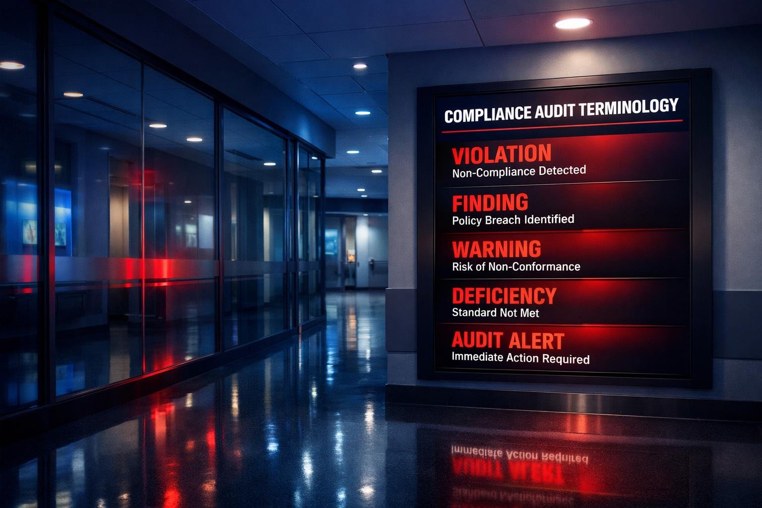 Locum tenens 1099 misclassification compliance warning panel in modern hospital corridor
