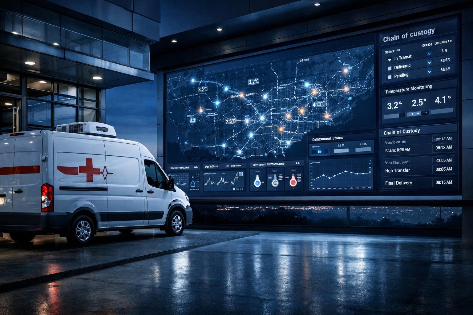 Medical courier 1099 misclassification compliance dashboard at hospital loading dock