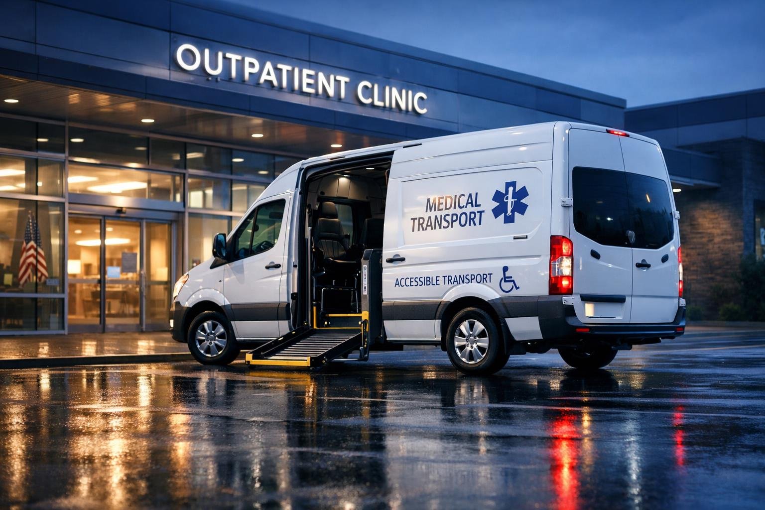 Wheelchair-accessible NEMT 1099 driver compliance medical transport van at outpatient clinic entrance at dusk.
