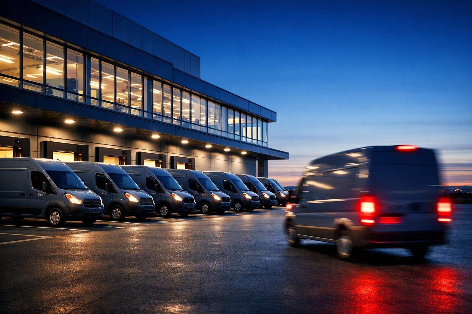 Last-mile delivery van fleet at distribution yard at dusk illustrating peak season DSP coverage scale-up.