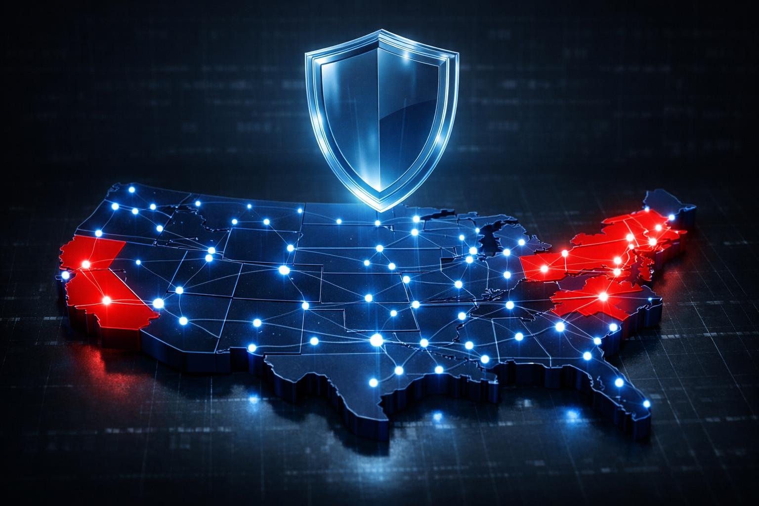 Digital US map showing state 1099 audits enforcement zones in red with compliance shield overlay