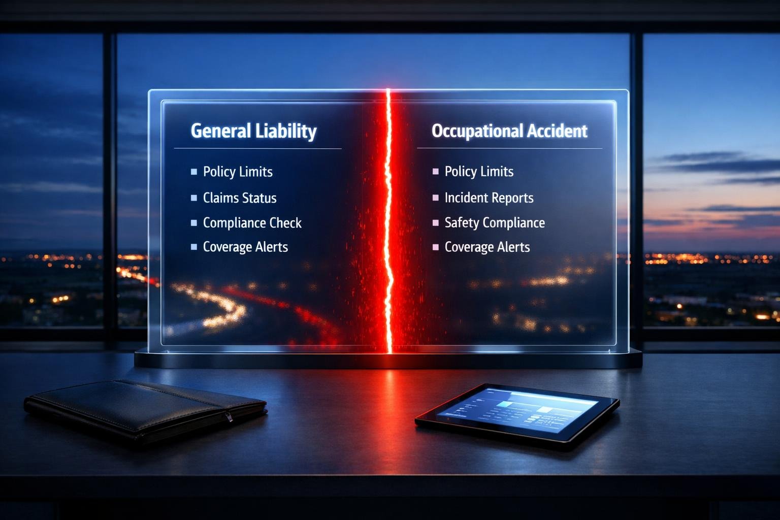 Compliance dashboard showing the general liability 1099 gap between GL and OAI coverage columns