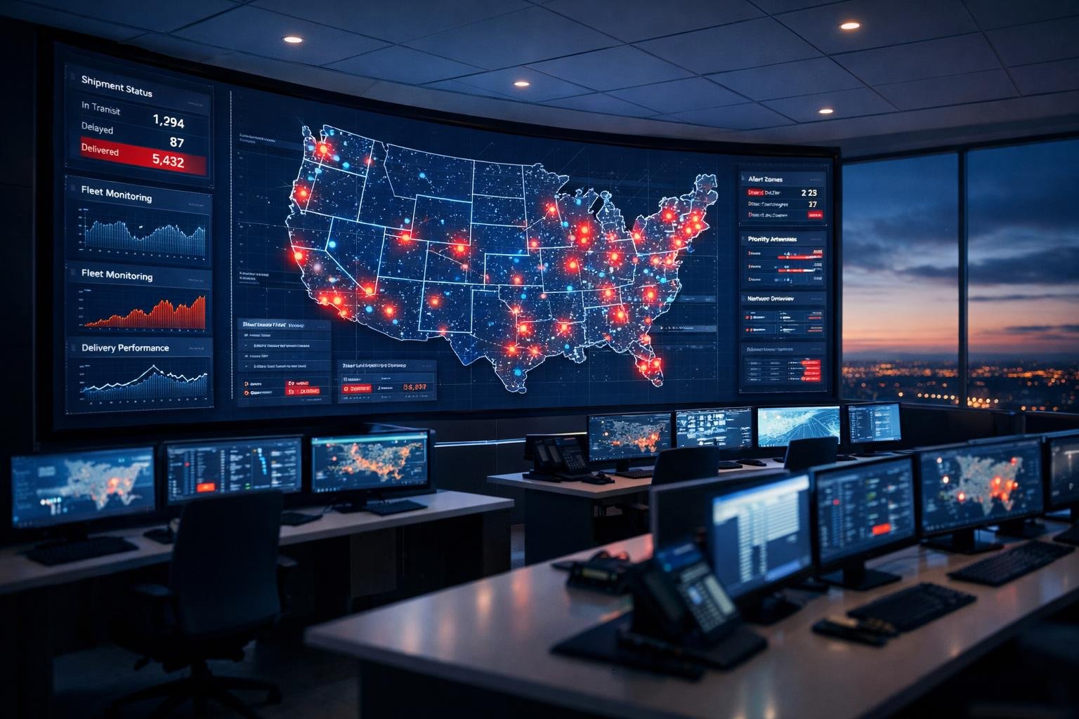 Modern logistics command center dashboard representing 1099 contractor coverage at scale