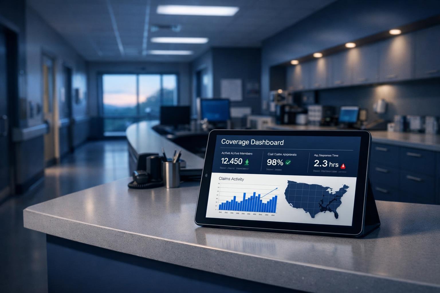 1099 healthcare coverage dashboard on a tablet at a calm modern nurses' station