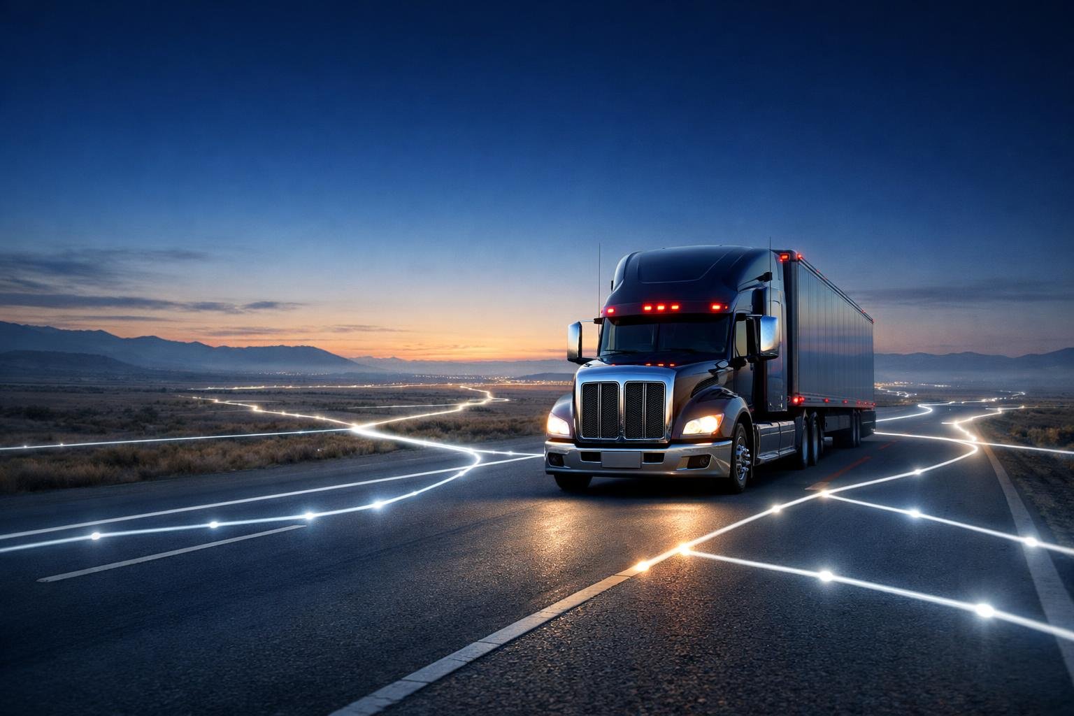 48-state OTR insurance — American semi-truck on open interstate at dusk, route lines showing nationwide coverage