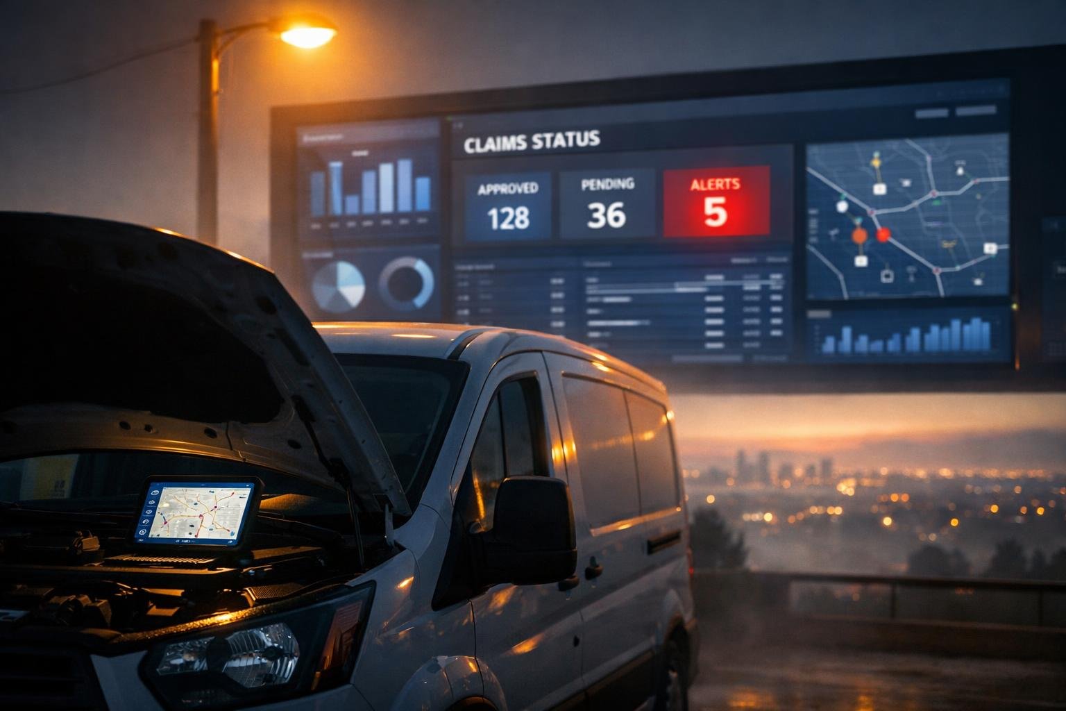 Last mile delivery van with command-center claims dashboard illustrating the last mile driver injury lawsuit response window.