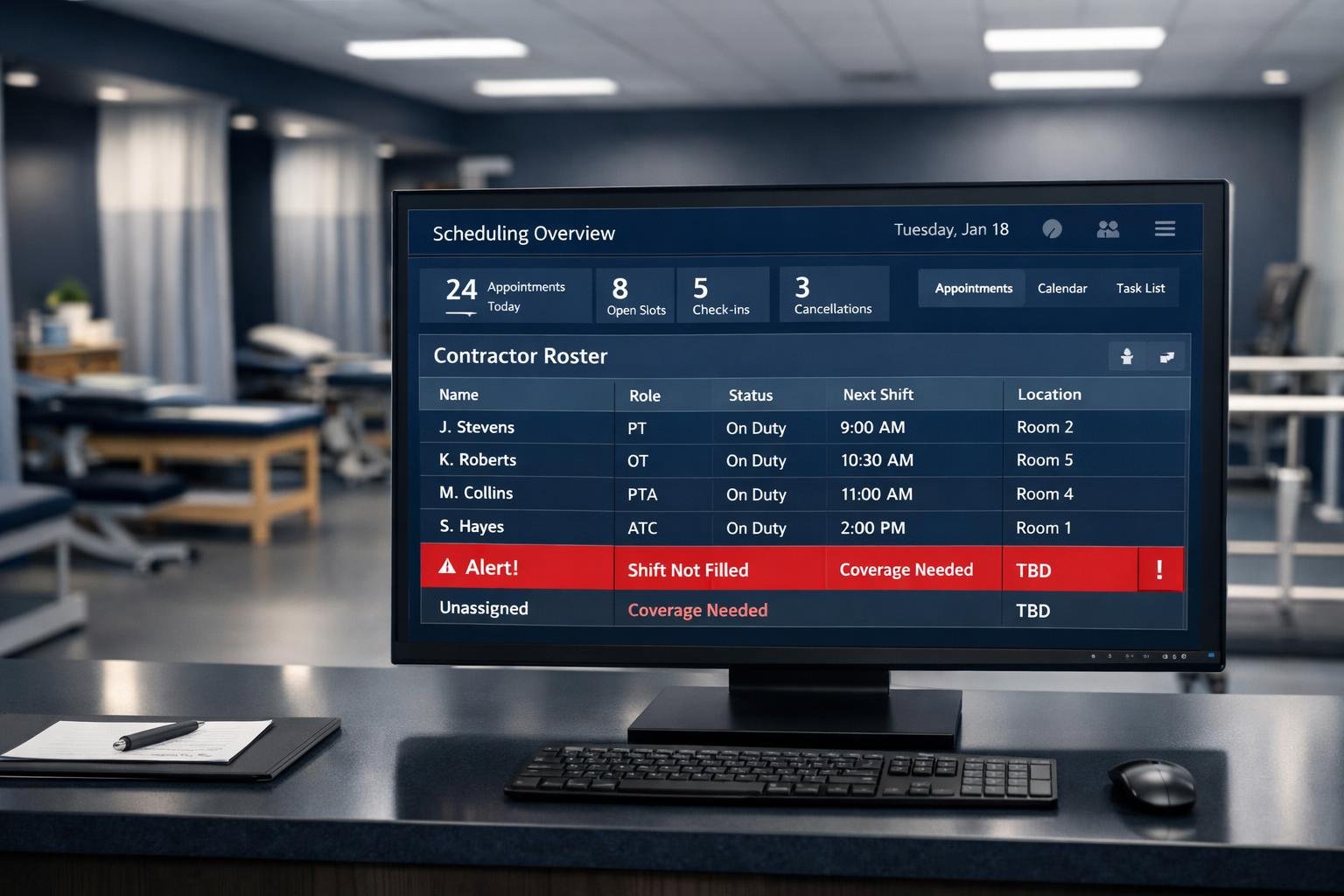 Modern outpatient physical therapy clinic with scheduling dashboard, allied health 1099 insurance cross-sell concept