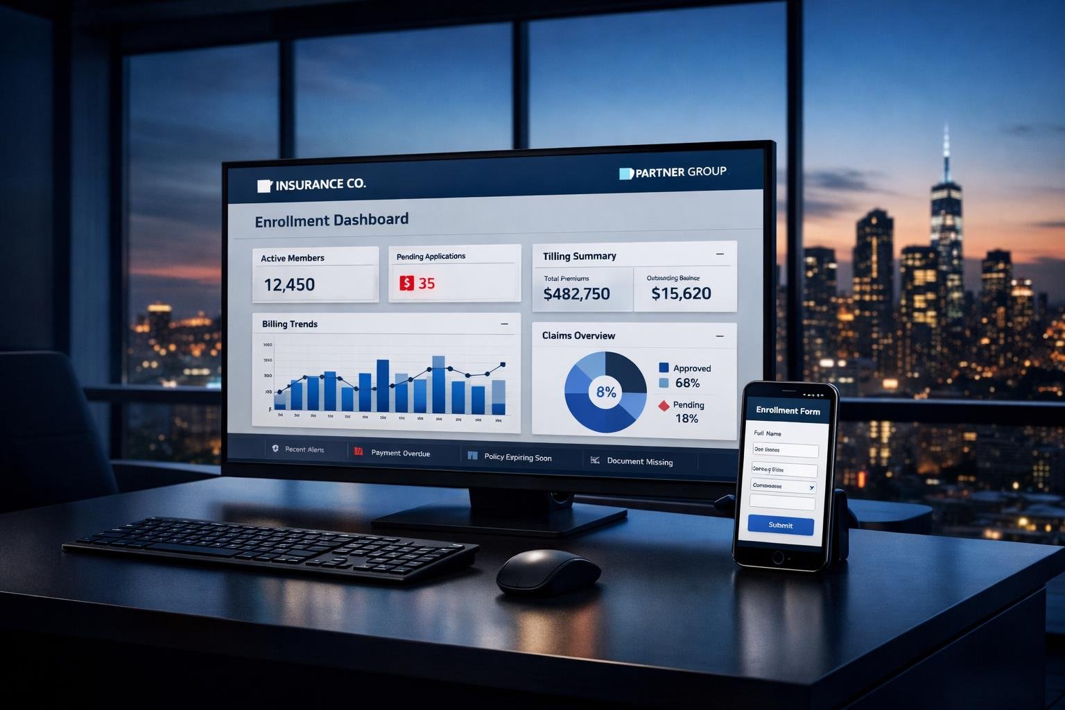 Co-branded insurance distribution dashboard showing real-time billing and a mobile 1099 enrollment form
