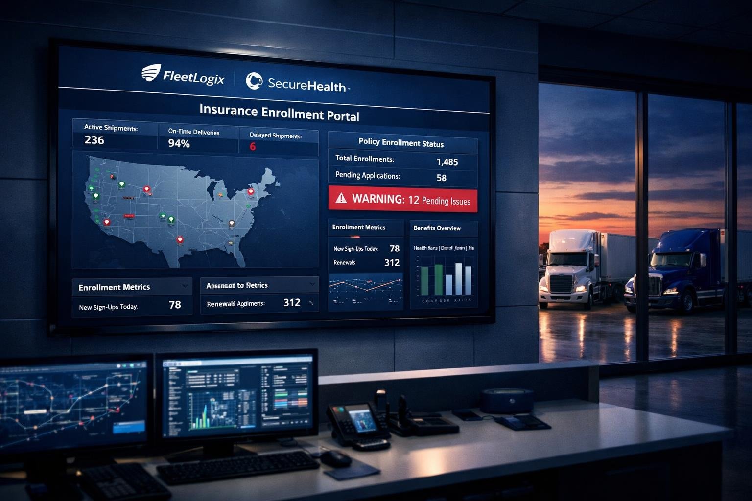 Co-branded insurance storefront dashboard on a command-center monitor with semi-trucks at dusk