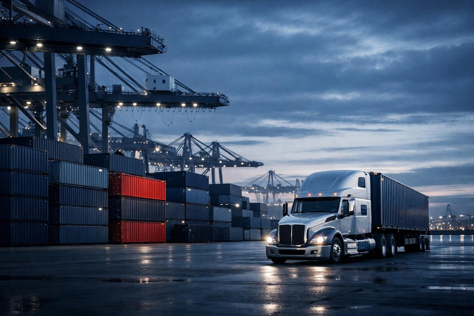Drayage semi-truck staging at a U.S. container port at dusk illustrating multi-state drayage OAI coverage