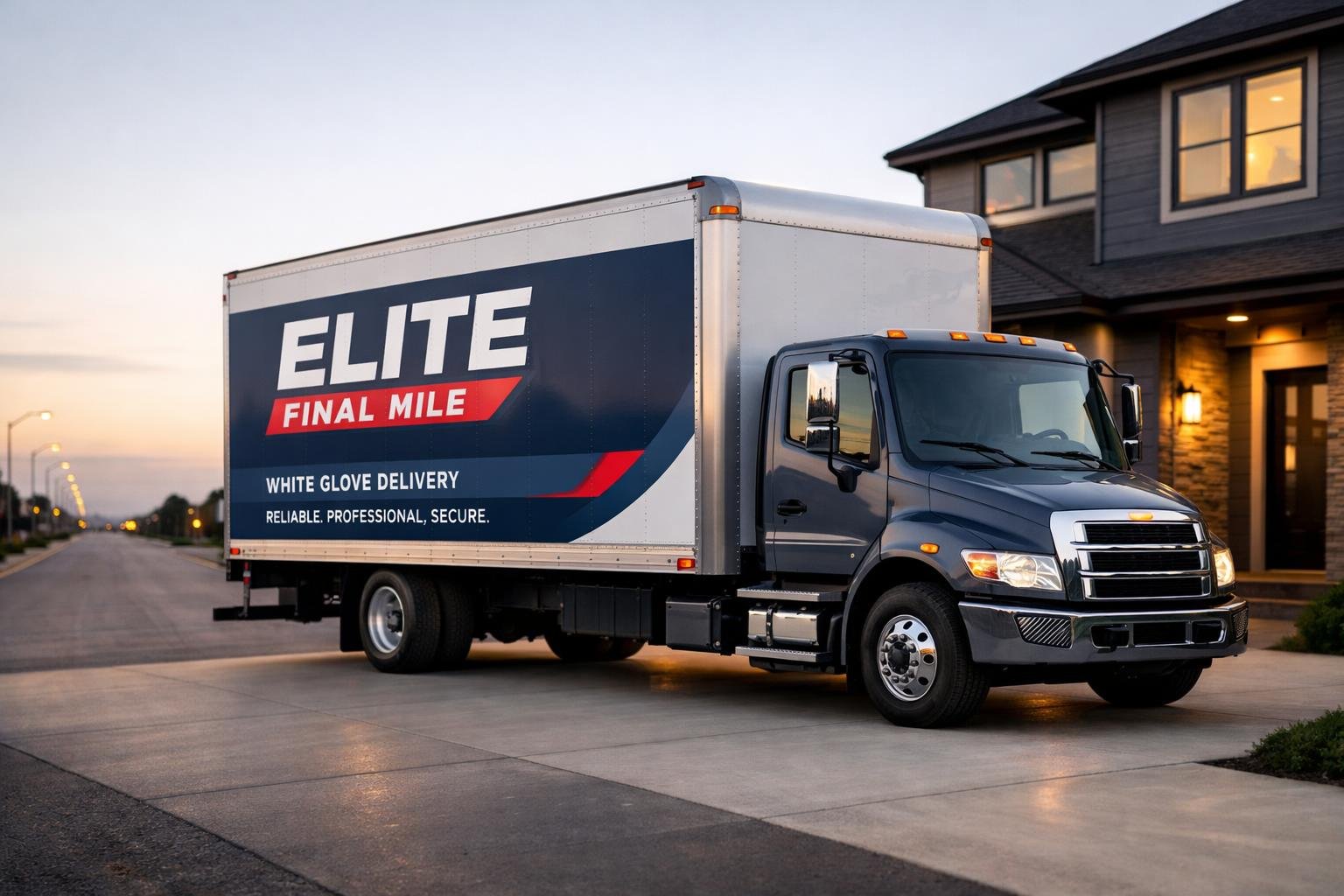 Branded white-glove final mile delivery truck at a suburban home, illustrating final mile 1099 insurance cross-sell