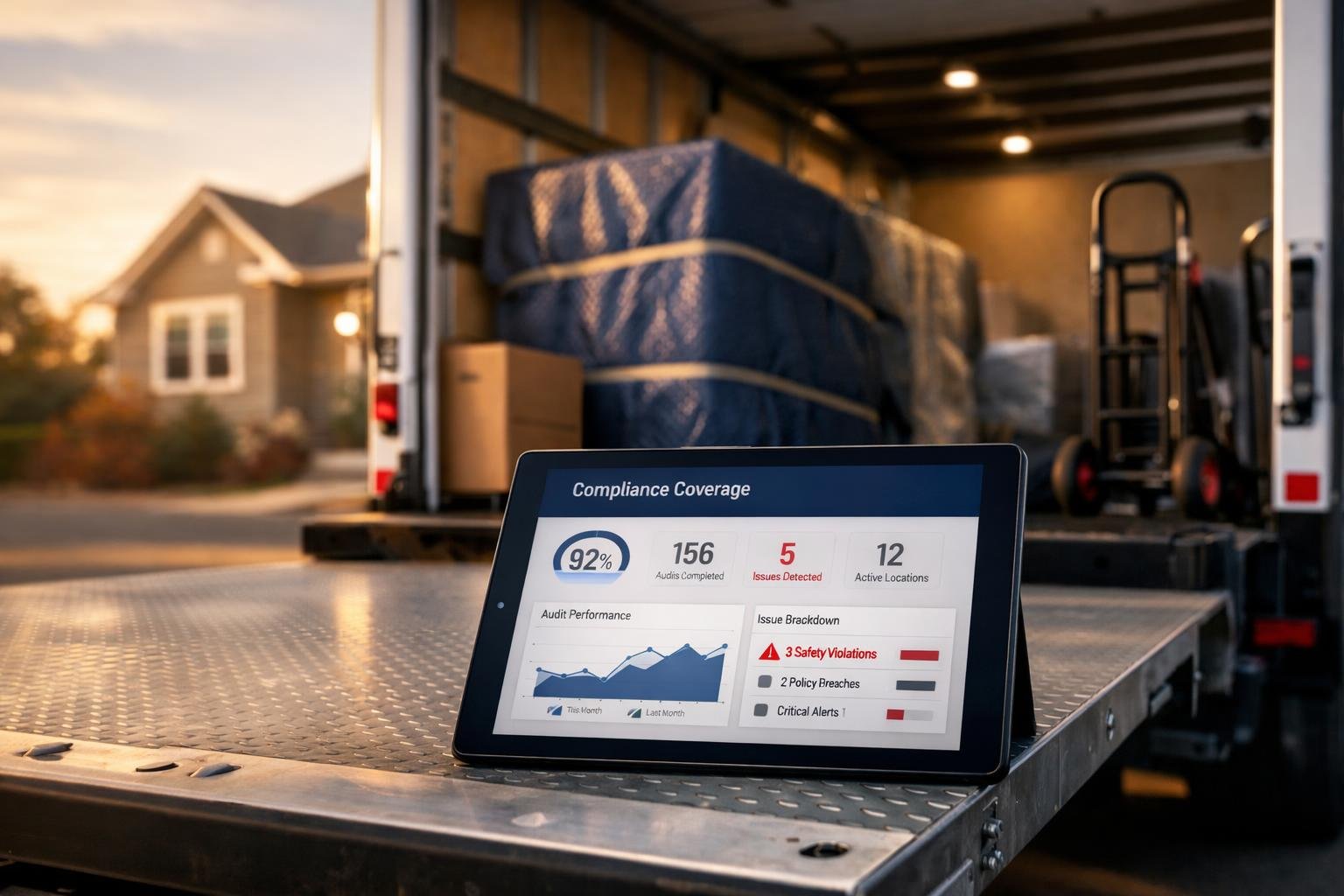 White-glove furniture delivery truck at a home with a furniture delivery 1099 insurance coverage dashboard on a tablet