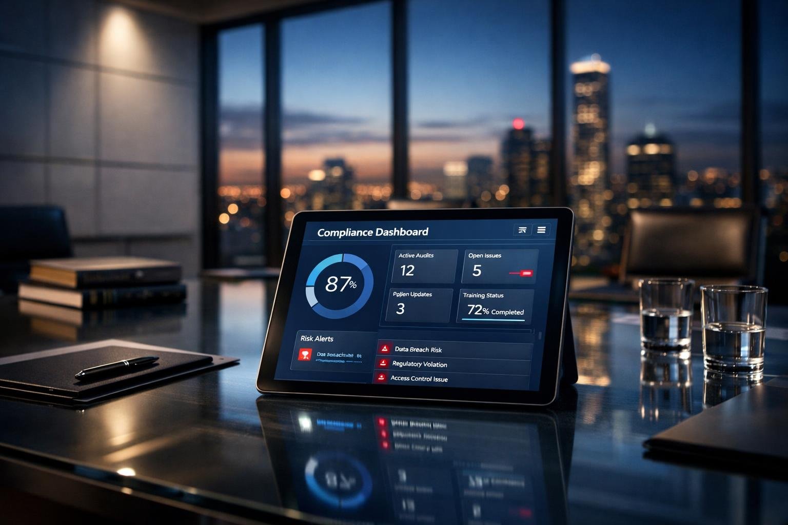 Law firm 1099 insurance dashboard on a tablet in a modern firm conference room, trust-blue corporate aesthetic