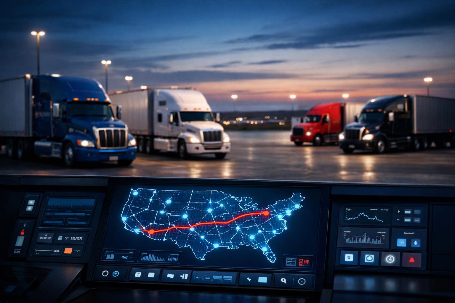 Mixed fleet OAI command center with modern semi-trucks on a nationwide trucking coverage map