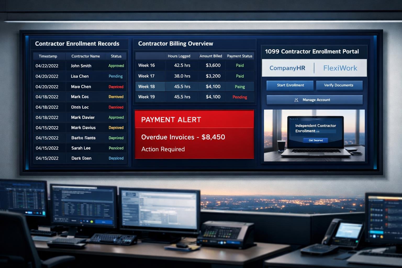 Command-center dashboard showing 1099 audit documentation file with contractor enrollment paper trail
