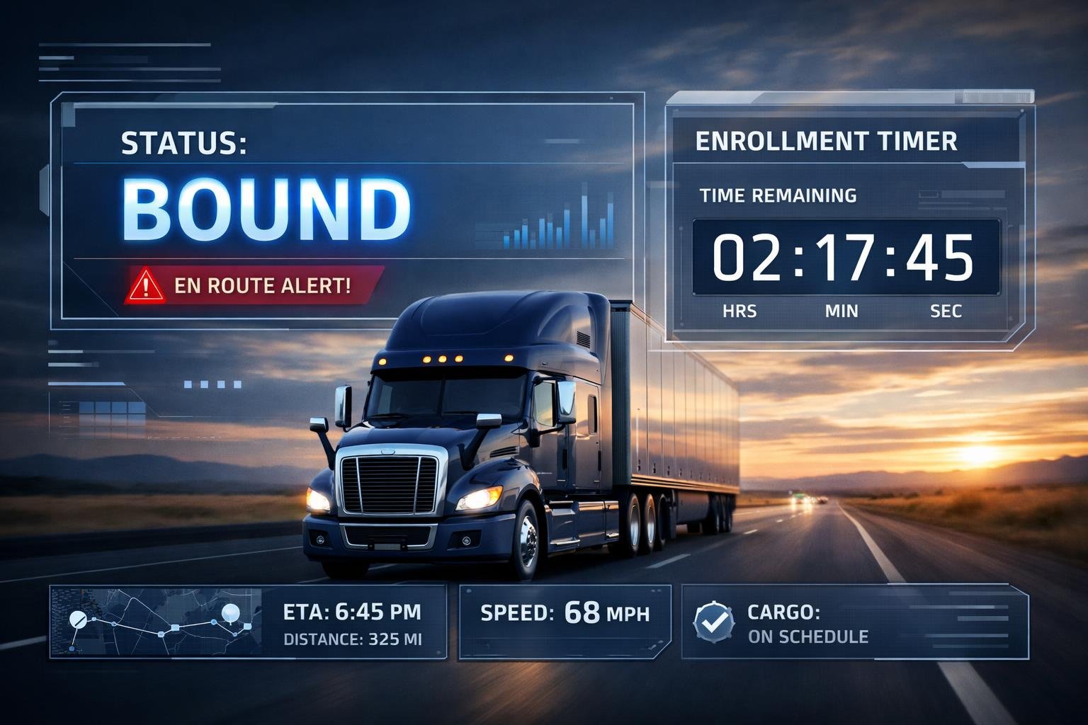 Modern semi-truck with holographic OAI speed-to-bind status dashboard on an open highway at golden hour