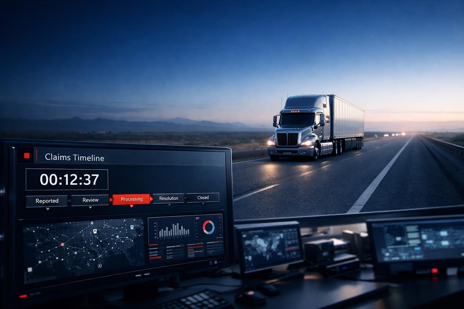 Semi-truck on interstate at dawn with claims-timeline dashboard overlay illustrating OTR driver injury response speed